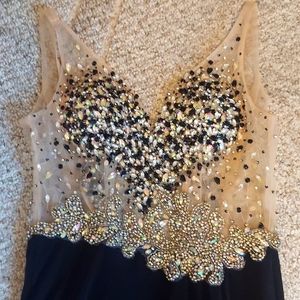 JOVANI Black and Silver Sheer Dress Iridescent Rhinesontes 💎
